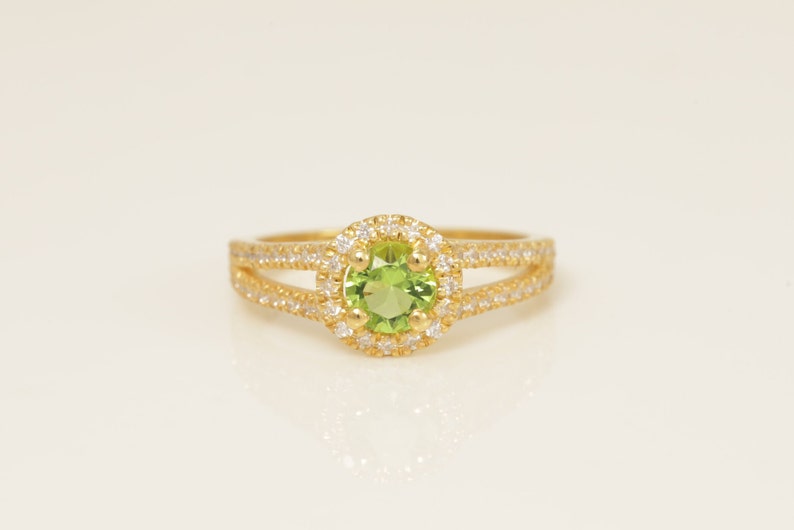 Split Shank Peridot Engagement Ring, July Birthstone Ring, Round Diamond Halo Anniversary Ring, Bridal Promise Ring